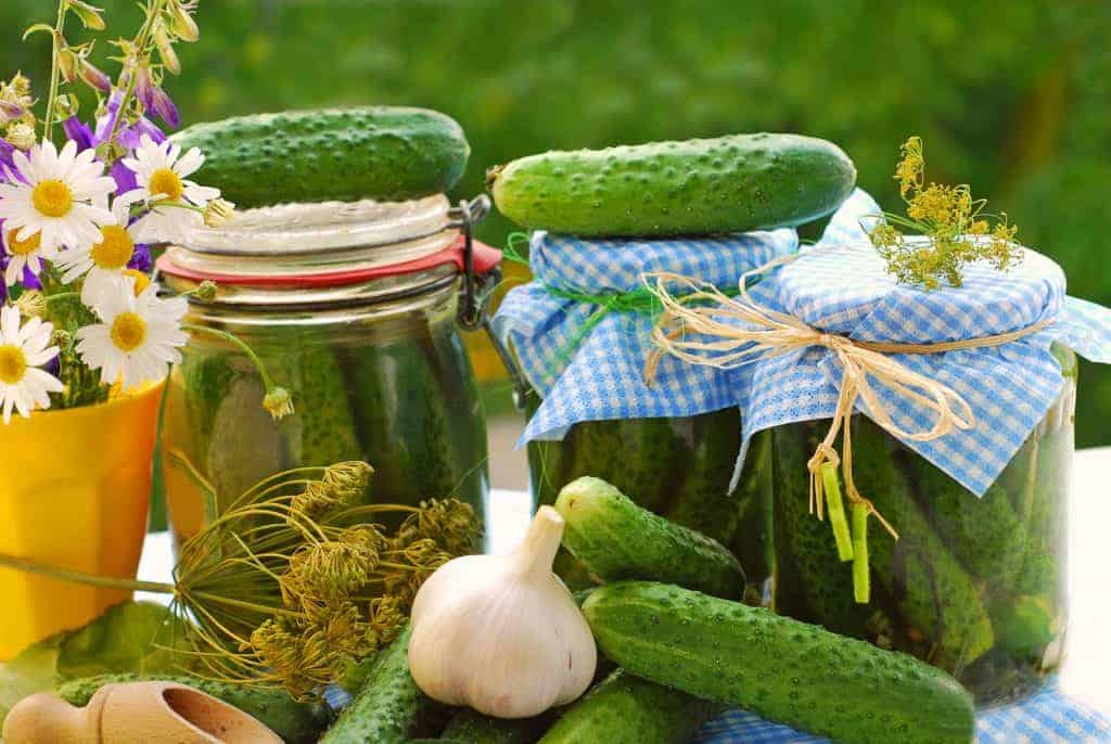 Jars of homemade pickles, cucumbers, flowers on a garden table